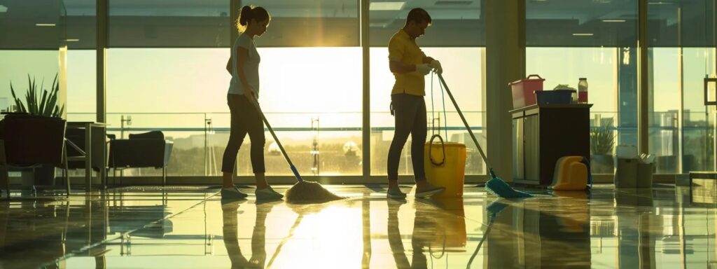 Commercial cleaning services: Janitors mopping floors in a modern office. Professional cleaners at work. Office cleaning in Washington DC.
