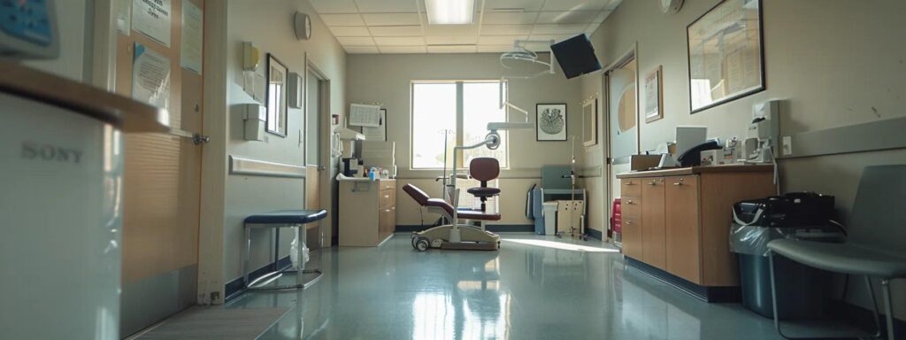 Empty dental clinic room with chair and equipment for oral surgery and examination in Washington DC. Dental care and oral health services.