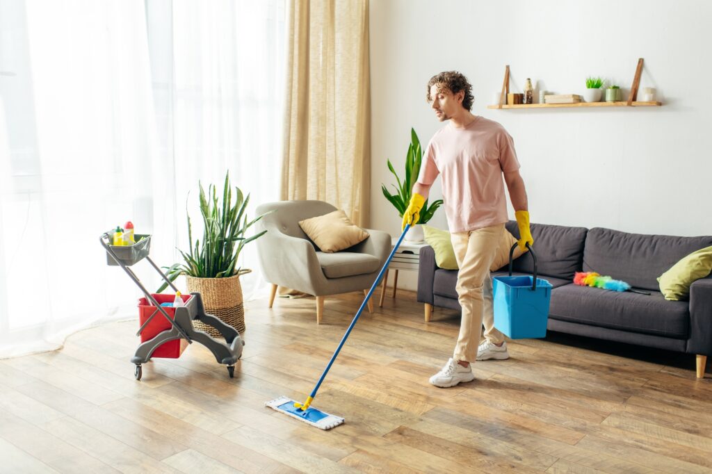 Man mopping floor. Residential cleaning services. Housekeeping in Washington DC. Home cleaning. Professional cleaner. Tidy home.