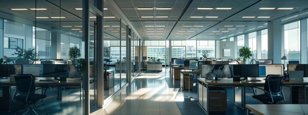 Empty modern office space with desks and computers, bathed in natural light. Glass-walled offices and open floor plan. Ideal for commercial real estate or office design.