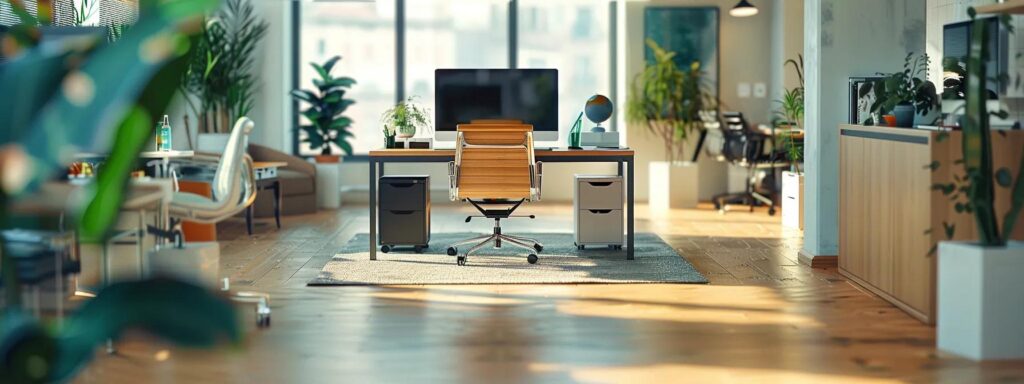 Modern office space with desk, chair, and computer. Interior design featuring plants and natural light. Office furniture in Washington DC creates a productive workspace.