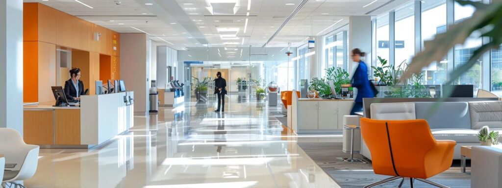 Bright office interior with reception desk and waiting area. Modern office design in Washington DC, featuring natural light, plants, and comfortable seating.