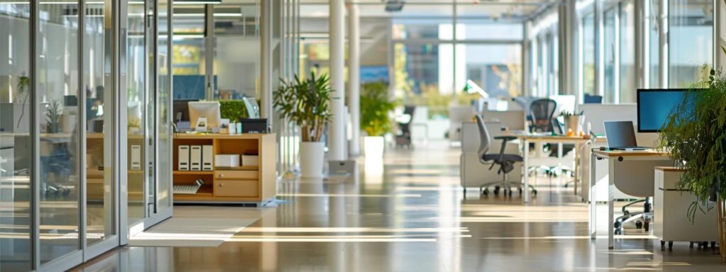 Bright office space with glass walls and plants, promoting a modern workplace design. Desks and chairs are visible, suggesting a collaborative work environment.