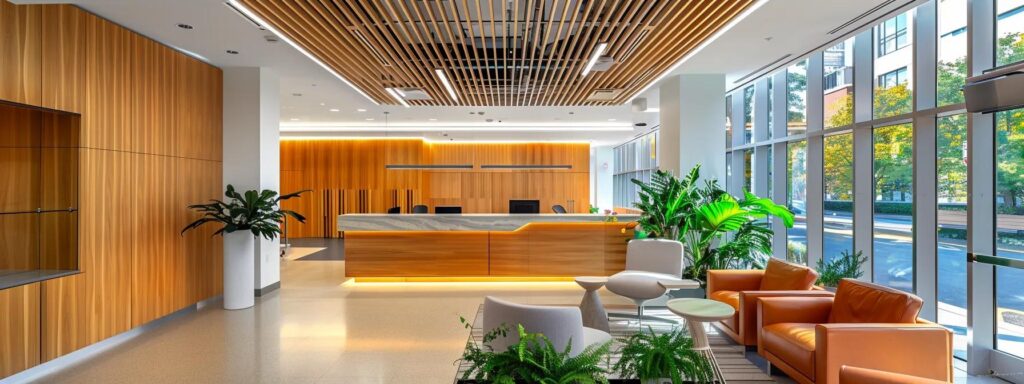 Modern office interior design with wood paneling, reception desk, and seating area. Commercial interior design in Washington DC.