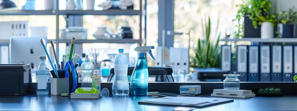 Office cleaning supplies on a desk. Professional cleaners in Washington DC ensure a spotless workspace. Commercial cleaning services.