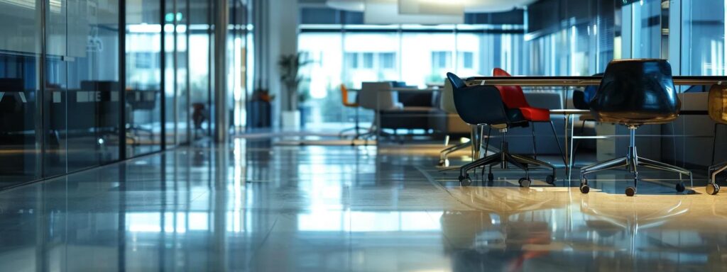 Modern office space with glass walls and chairs. Commercial interior design with polished floors and natural light. Washington DC office furniture solutions.