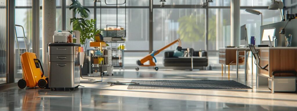Office cleaning equipment in a modern office space. Janitorial supplies and cleaning cart visible. Commercial cleaning services in Washington DC.