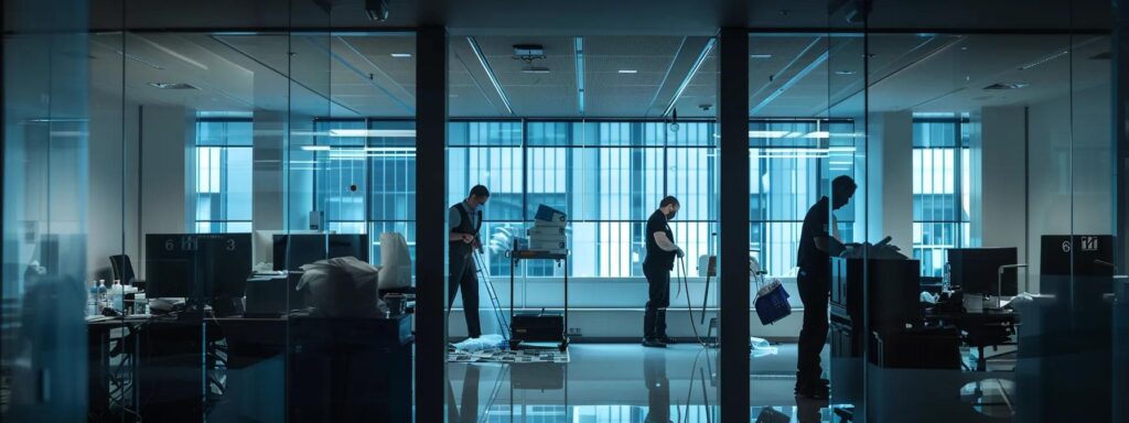 Office cleaning services in Washington DC. Janitors cleaning an office space with desks, computers, and large windows, ensuring a spotless work environment.