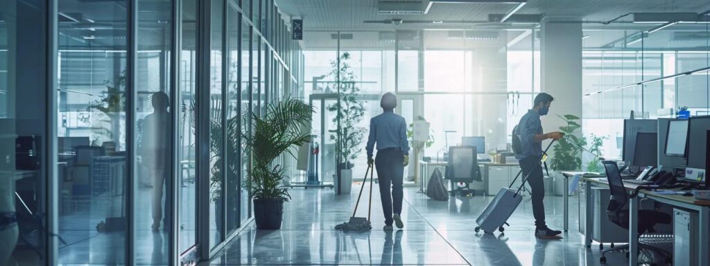 Office cleaning services in Washington DC. Janitor mopping floor in modern office building, and man with luggage. Commercial cleaning company.