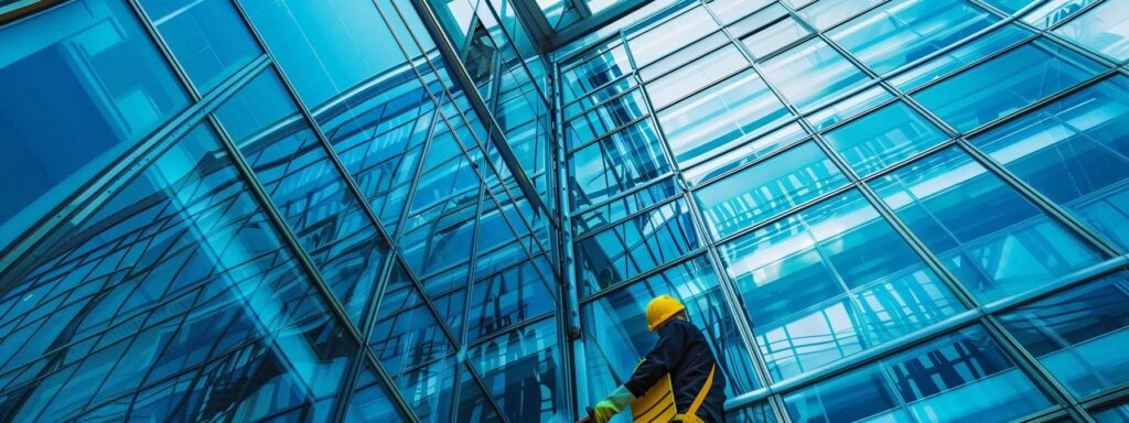 Commercial window cleaning services in Washington DC. Worker cleaning a modern glass building facade with blue reflections. Professional cleaning services.