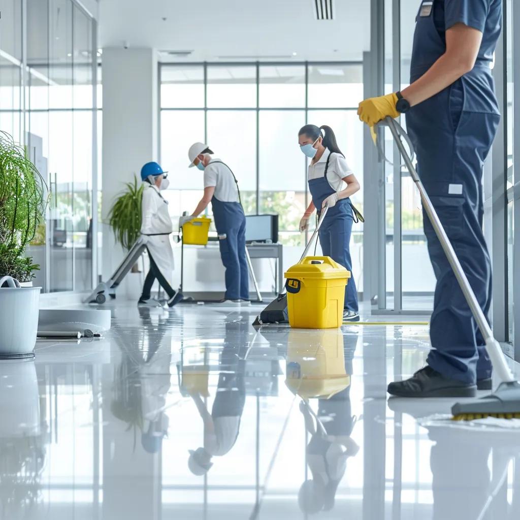 Commercial cleaning crew in Washington DC with mops and buckets, sanitizing a shiny office floor. Professional janitorial service.