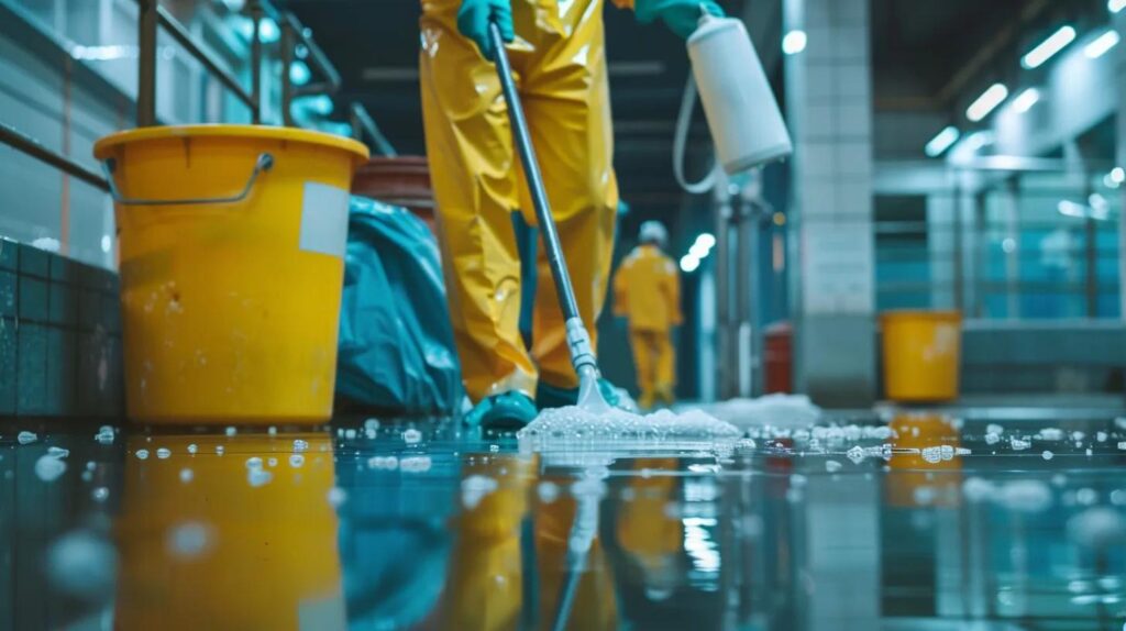 Person in protective suit cleaning a flooded floor with a mop and bucket. Commercial cleaning services for water damage restoration in Washington DC.