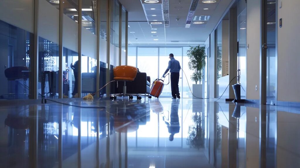 Office cleaning services in Washington DC: Man cleaning a shiny office floor with professional equipment, ensuring a spotless and professional workspace.