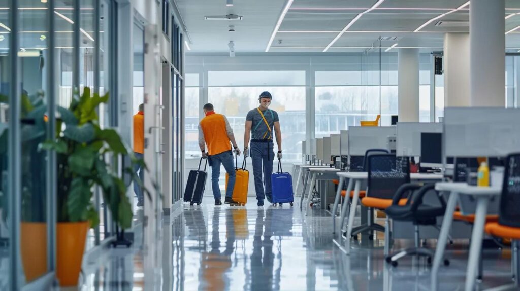 Office relocation services: Two movers with suitcases in a modern office space, likely during an office move in Washington DC.