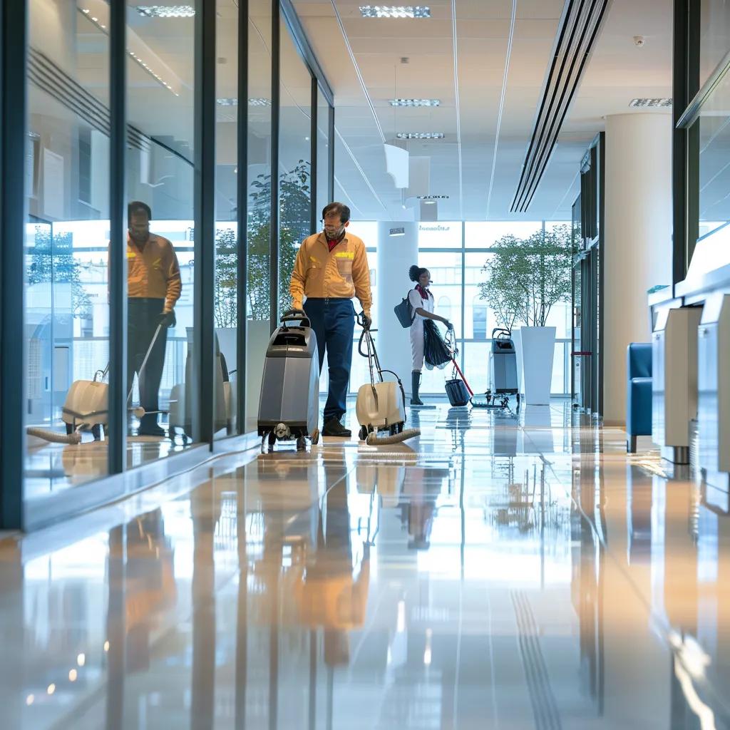 Professional cleaning team using advanced equipment in a spotless commercial office