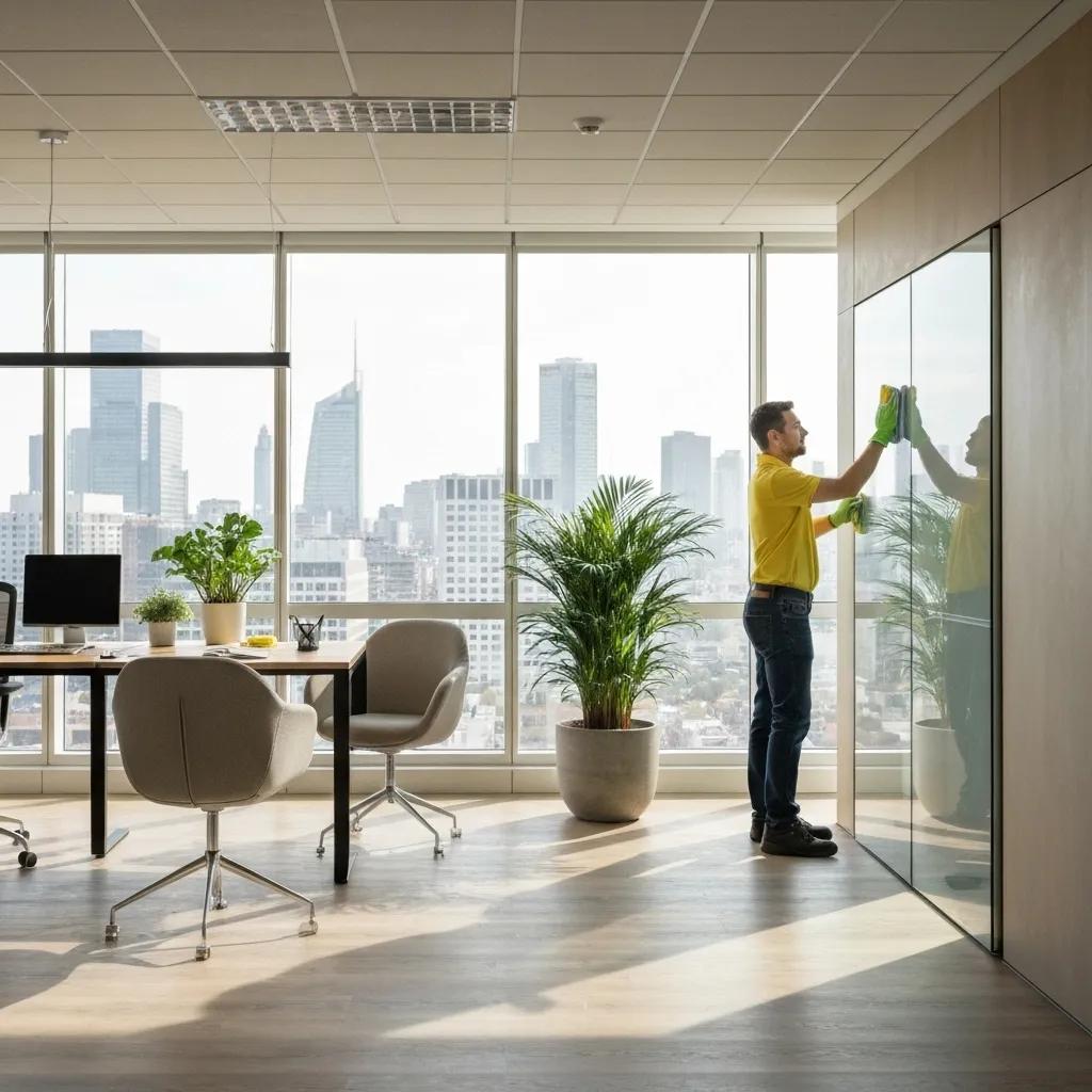Clean and organized office space with a professional cleaner using eco-friendly products