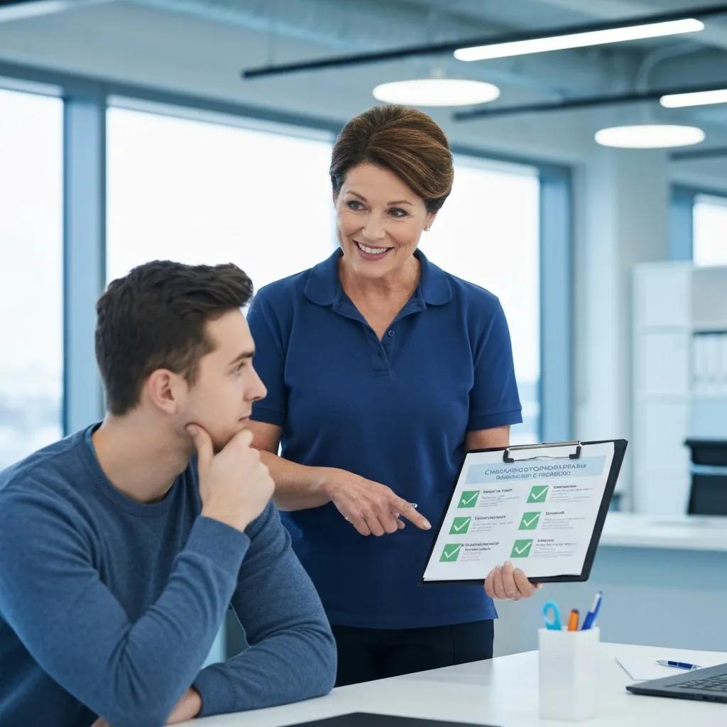 Cleaning professional discussing customized cleaning plans with a client in an office