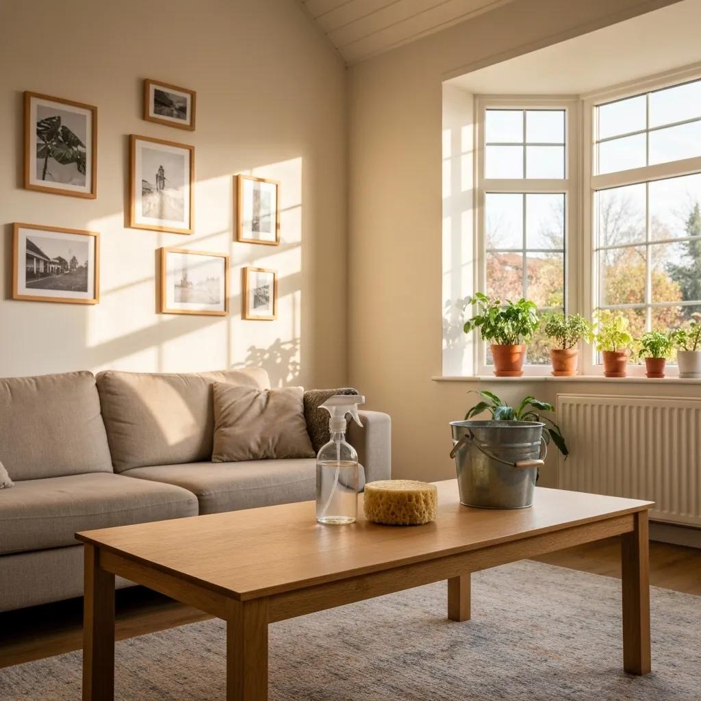 Eco-friendly cleaning products in a bright living room, highlighting affordable green cleaning solutions